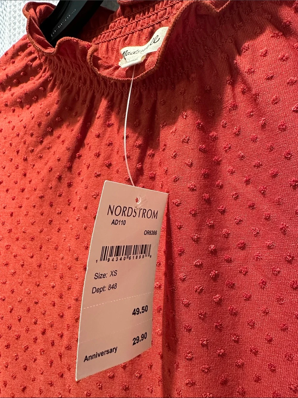 Madewell Red Textured Ruffle Mock Neck Blouse